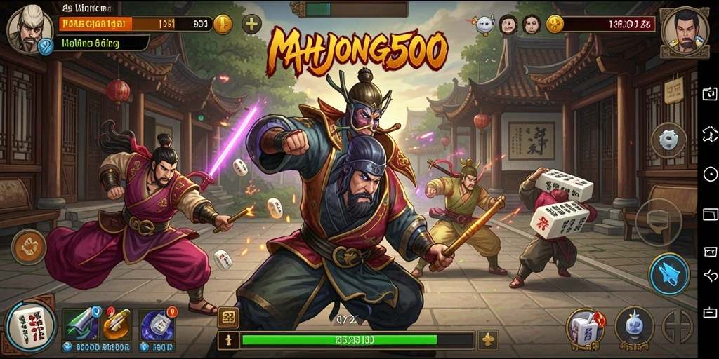 Screenshot MAHJONG500 menunjukkan pertarungan yang mendebarkan dan karakter yang kuat.