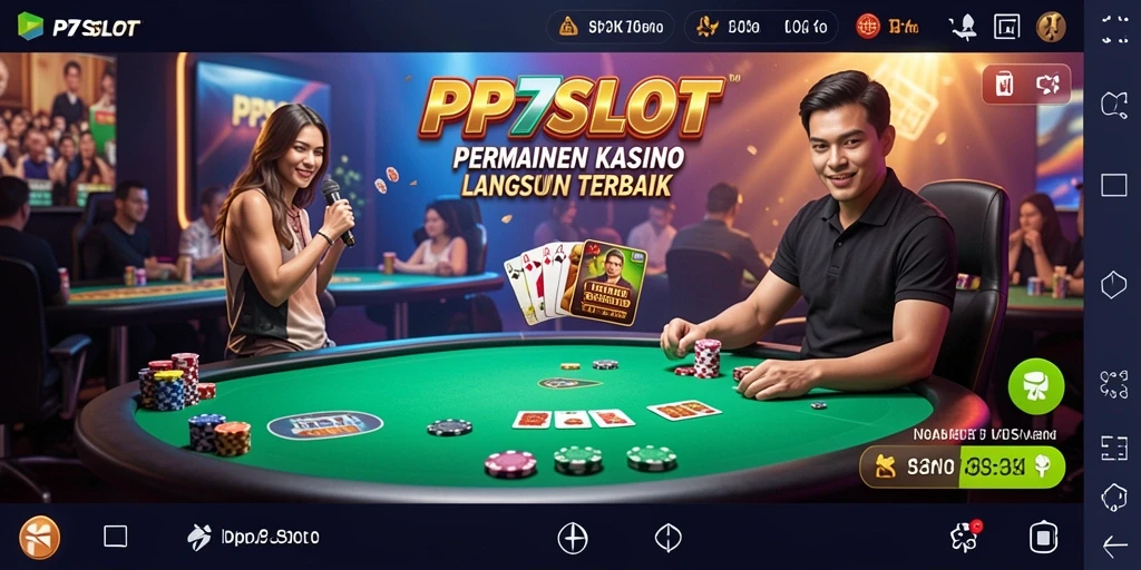 Screenshot gameplay PP7SLOT yang menampilkan dealer langsung dan suasana kasino.