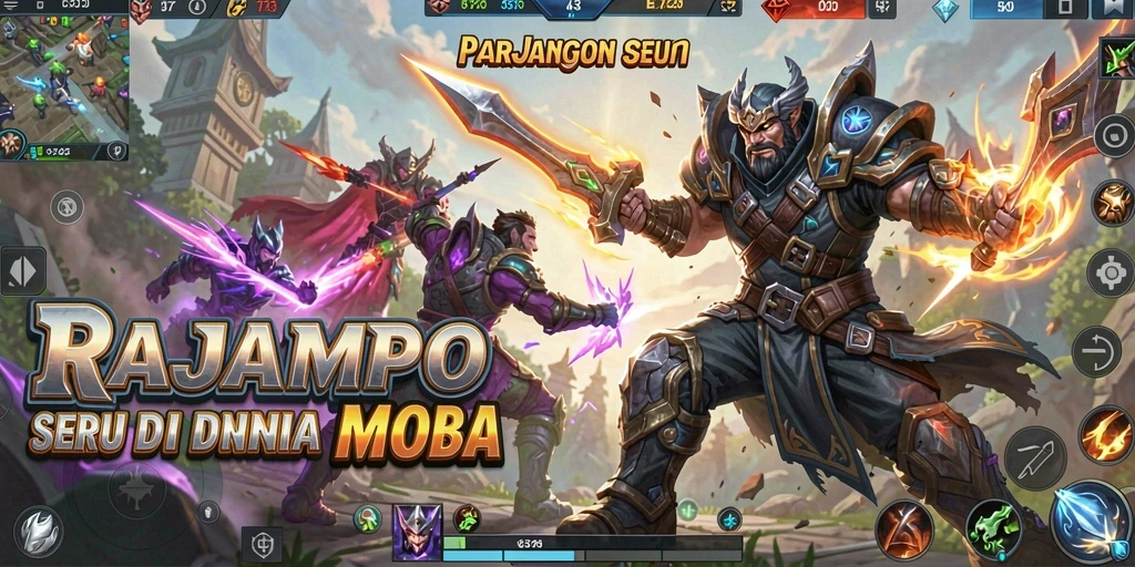 Tampilan gameplay seru dan strategis dalam RAJAMPO di arena MOBA.