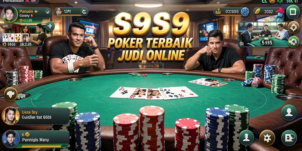 Screenshot gameplay S9S9 yang menampilkan meja Poker dan pemain yang bersemangat.