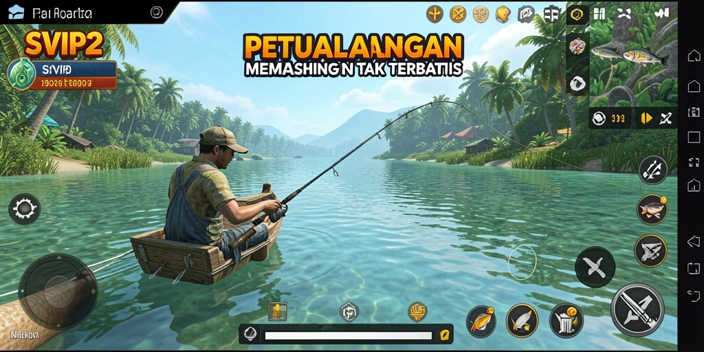 Tampilan gameplay SVIP2 menunjukkan pemancing sedang menangkap ikan besar.